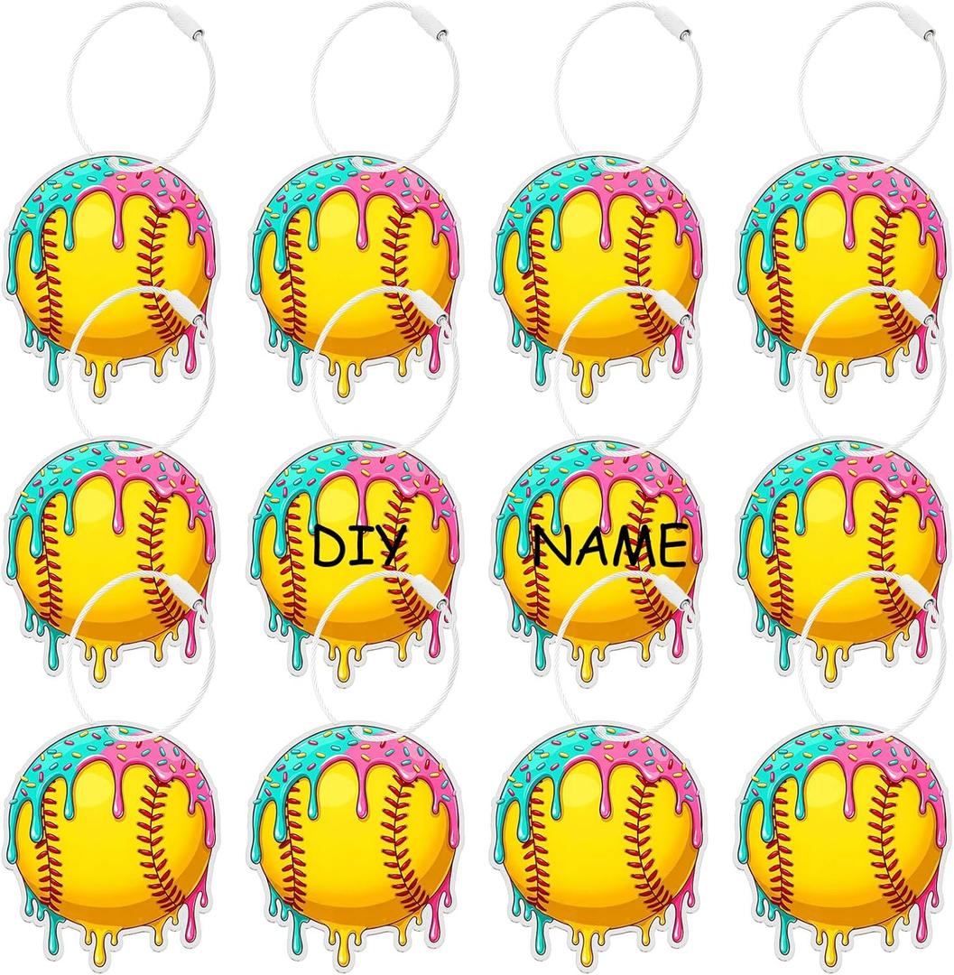 12 Pcs Ice Cream Drip Softball Luggage Tags for Suitcase Travel Labels with Metal Ring Keychain DIY Name Softball Theme Party Team Gifts Travel Bag Suitcase Sports Accessories