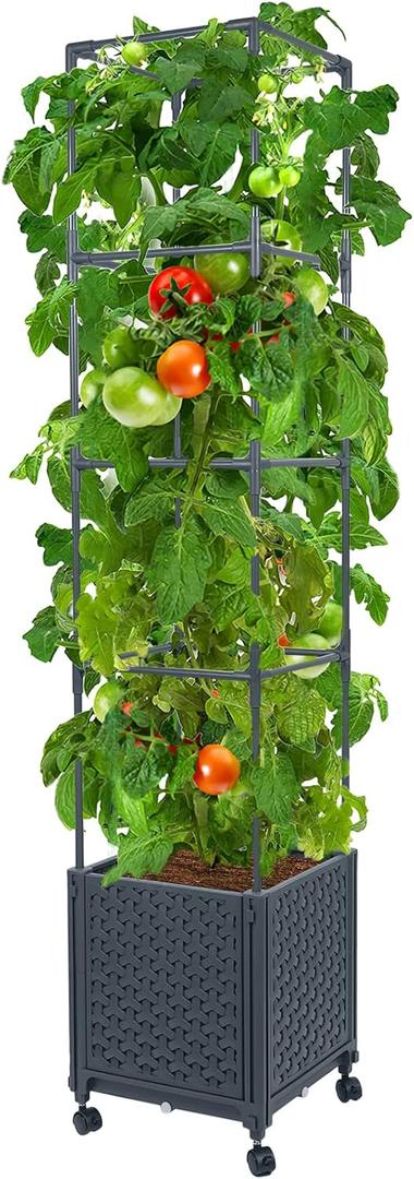 LINEX Raised Garden Bed Planter Box with Trellis, 56.7 Tomato Planters for Climbing Plants Vegetable Vine Flowers Outdoor Patio, Tomatoes Cage w/Self-Watering & Wheels (12.4*12.4*56.7 inch)