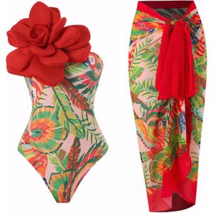 One Shoulder Swimsuits for Women 3D Flower Decoration One Piece Swimsuit with Cover up Set (Small, Bird)