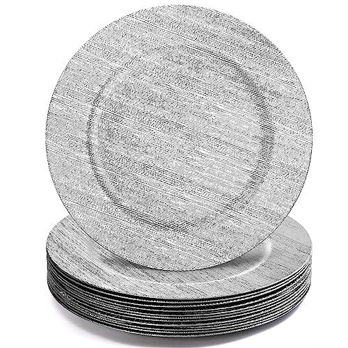 Jucoan 20Pack Silver Charger Plates, 13 Inch Round Plastic Charger Plates, Decorative Silver Strip Plate Chargers for Dinner Plate, Wedding Thanksgiving Christmas Party Table Decor, Shiny Texture