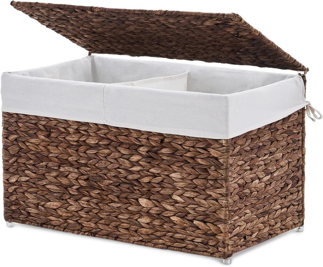 Storage Basket with Lid, Woven Wicker Shelf Basket with Removable Liner, Metal Frame Rattan Storage Trunk with Handle for Laundry, Bedroom, Living Room, Office(Espresso, 95L)