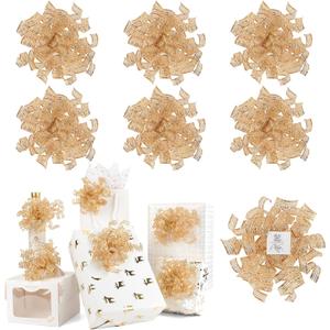AIMUDI Metallic Champagne Curly Bows for Gift Wrapping 5'' Christmas Gift Bows Self Adhesive Champagne Bows for Presents, Treat Bags, Bottles Party Holiday Wedding Christmas Decoration - 6 Counts