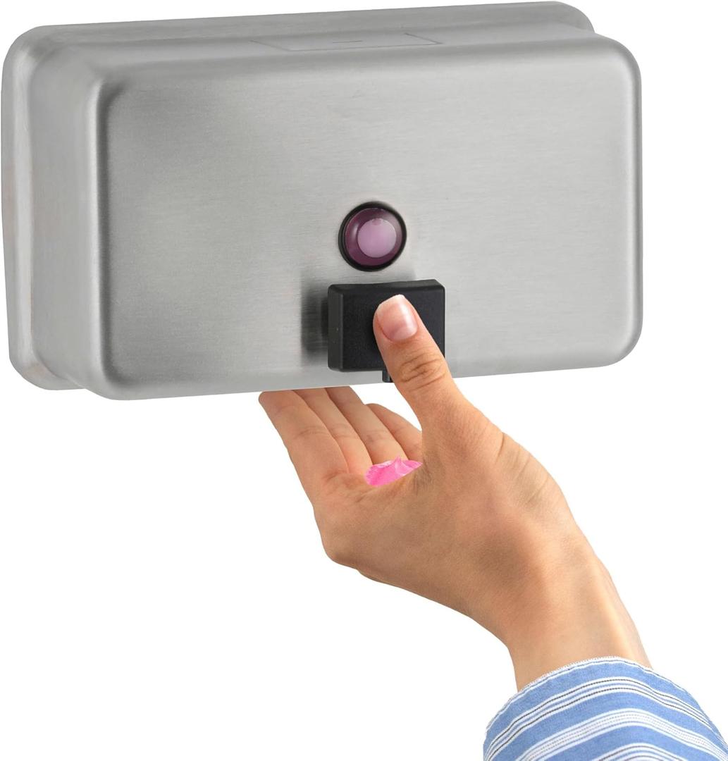 Bobrick Surface-Mounted Soap Dispenser - Satin-Finish Stainless Steel, 40-fl oz Capacity, Manual Liquid Soap Dispenser with Low Soap Indicator, Top Fill, Vandal-Resistant, Wall-Mounted Design (B-2112) (3.5"L x 8"W x 4.75"H)