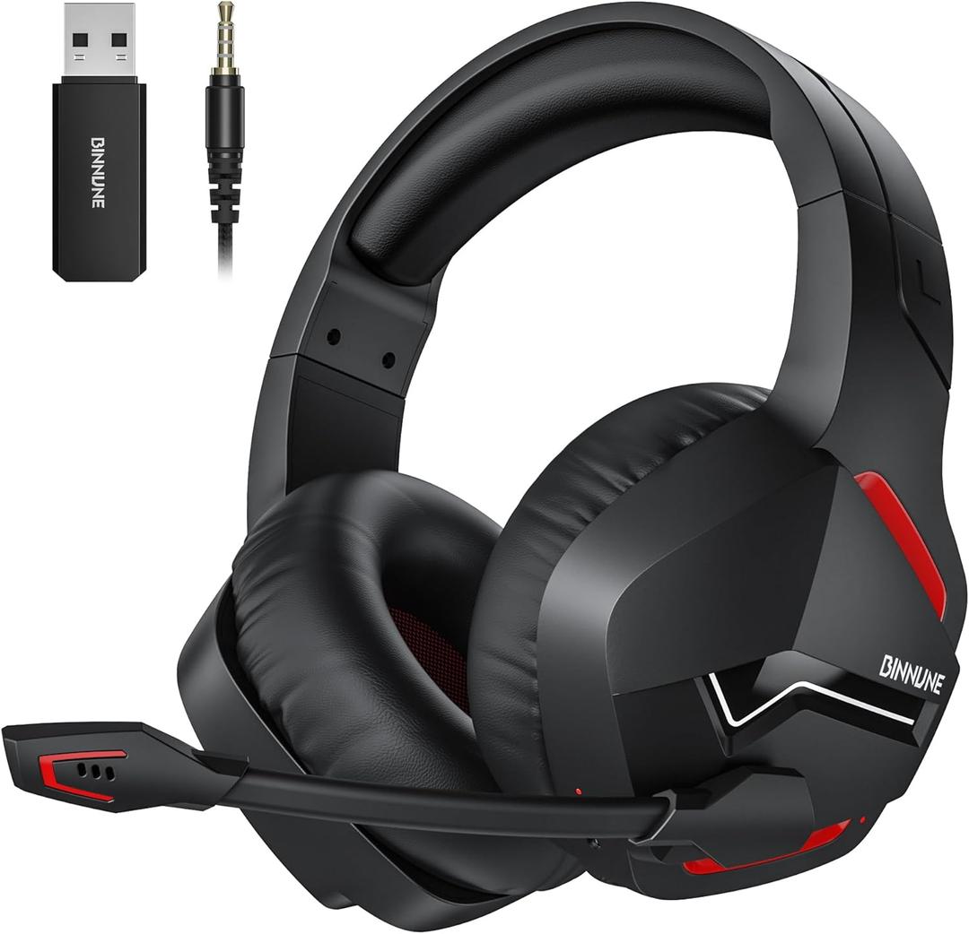 BINNUNE Wireless Gaming Headset with 2.4GHz for PS5, PS4, PC, Switch, FPS Gamers, 120Hrs+ Bluetooth 5.3 Gaming Headsets with Noise Canceling Mic, 50MM Headphones for Laptop, Mobile, Mac (Black/Red)