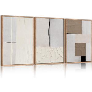 LHIUEM Large Abstract Neutral Framed Canvas Wall Art Set,Mid Century Beige Textured Wall Decor,Brown Gray Block Art Painting for Living Room,Bedroom,Dining Room,Office -24"x36"x3