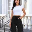 luvamia Bermuda Shorts for Women Knee Length Pull On Elastic Waist High Rise Fold Hem Casual Summer Chino Cargo Shorts (Black, L)