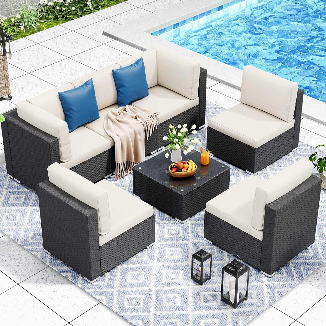 YITAHOME 7 Pieces Patio Furniture, Sectional Sofa PE Rattan Wicker Conversation Set Outside Couch with Table and Cushions for Porch Garden Backyard Balcony (Beige+black)