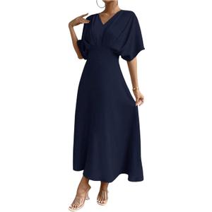 Floerns Women's V Neck Half Sleeve Ruched Cocktail Evening A Line Long Dress (Blue Ink) L