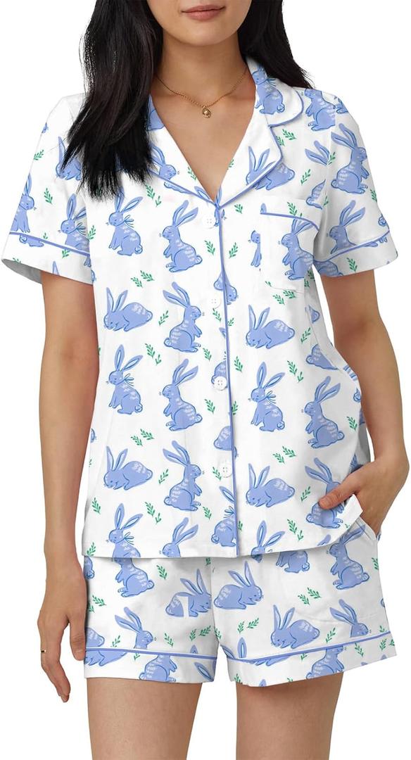 Women Easter Pajamas Set Cute Bunny Button Down Shirt and Shorts 2 Piece Pj Set Y2K Easter Outfits (Blue, M)