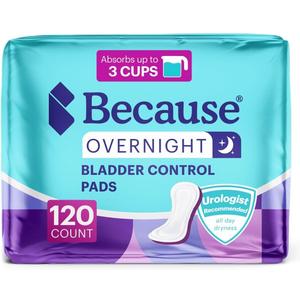 Because Incontinence Pads for Women - Extra Heavy Absorbency, Overnight Postpartum Incontinence Liners, 12hr Nighttime Leak-Free Protection, 6 Packs of 20 Count (120 Total)