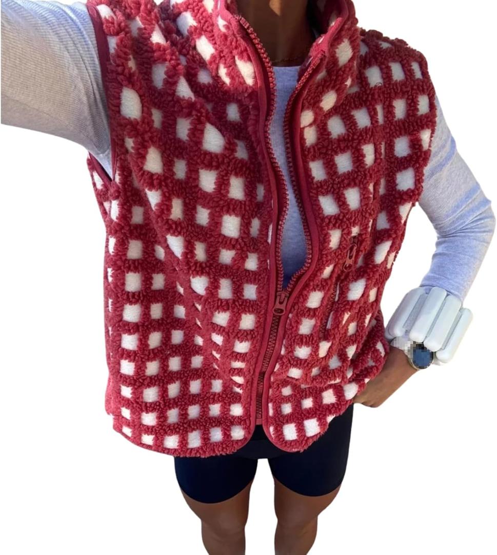 Women Checkered Sherpa Fleece Vest Zip Up Sleeveless Jacket (Medium)