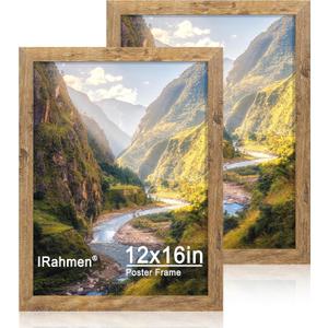 iRahmen 12x16 Picture Frame Set of 2 with Plexiglass, Rustic Brown Wood Poster Frames 12 x 16 for Photo Wall Gallery Mounting Horizontal and Vertical