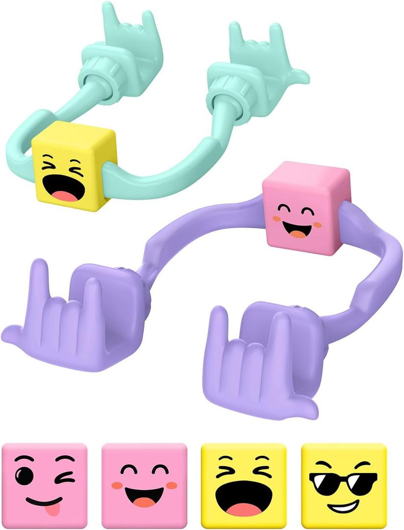 Stocking Stuffers for Teen Boys Cell Phone Stand: 2Pack Purple Green Rock Gesture Phone Stand for Desk with 2Pack Dual Yellow&Pink Mood Cube Gifts for Christmas Adults Men Cool Gadgets Cute Thing