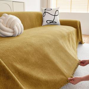 hyha Couch Cover for Dogs, Boho Sofa Covers for 3 Cushion Couch Washable, Chenille Sofa Slipcover for Pets, Soft Loveseat Sectional Couch Throw Blankets with Tassels (Yellow, 88.5x150 Inch)