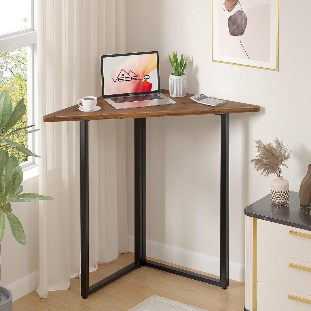 VECELO Corner Desk,Office Tables for Living Room for Small Space Triangle Computer Desk with Steel Frame Corner Shelves with Metal Frame Writing Desk for Workstation Classic Brown 31.1"