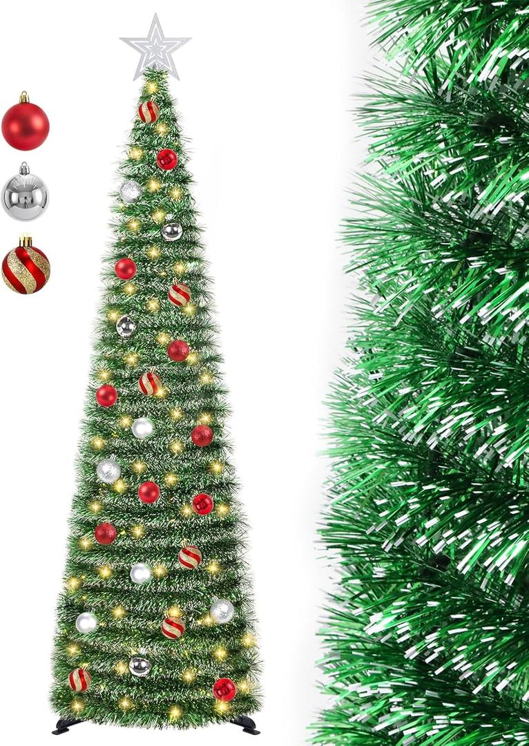 5 FT Pop Up Christmas Tree with Timer Lights and Decorations, Green Tinsel Artificial Christmas Tree with 24 Balls Ornaments, Collapsible Pencil Tree for Xmas Home Office Party Decor (Green - White Edges)