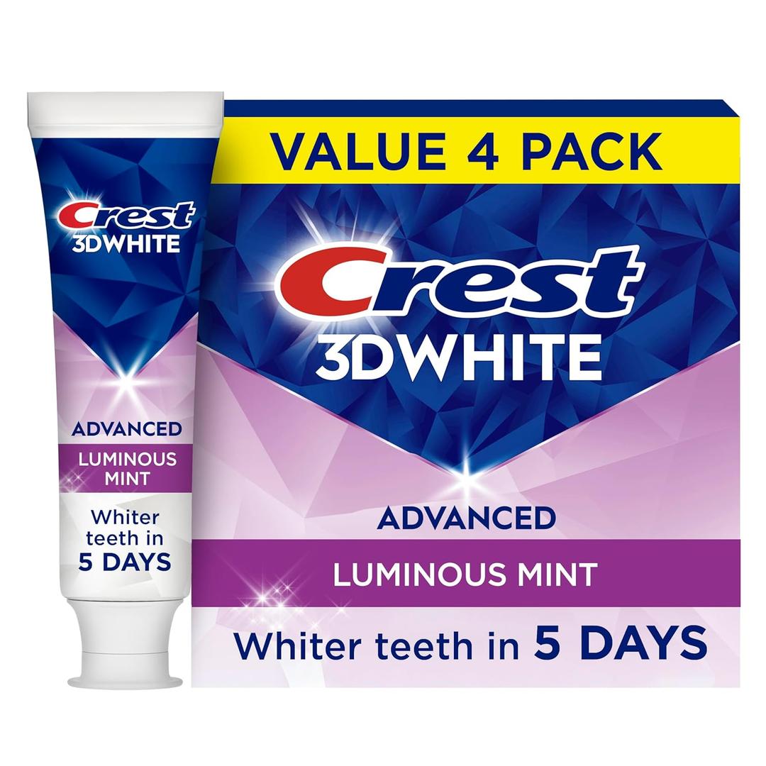 Crest 3D White Advanced Luminous Mint Teeth Whitening Toothpaste, Crest Toothpaste, 3.7 oz Pack of 4  Helps Remove Surface Stains, Whitens Teeth, Strengthens Tooth Enamel, Protects Against Cavities