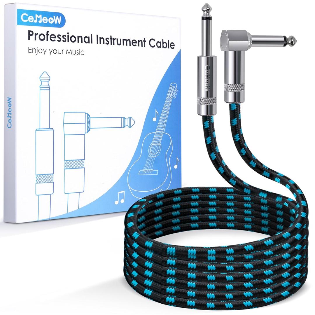 Guitar Cable 6ft 1/4 Inch Guitar Cord Straight to Right Angle Instrument Cable with Braided Tweed and Anti-Kinking Design for Guitar Bass Amp, Black & Blue