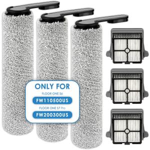 ROLLER HANDLE NOT DETACHABLE(6 Pack) Brush Rollers and HEPA Filters for Tineco Floor ONE S7 PRO/ONE S6 Smart Cordless Wet Dry Vacuum Cleaner, Replacement Parts, 3 HEPA Filters, 3 Brush Rollers