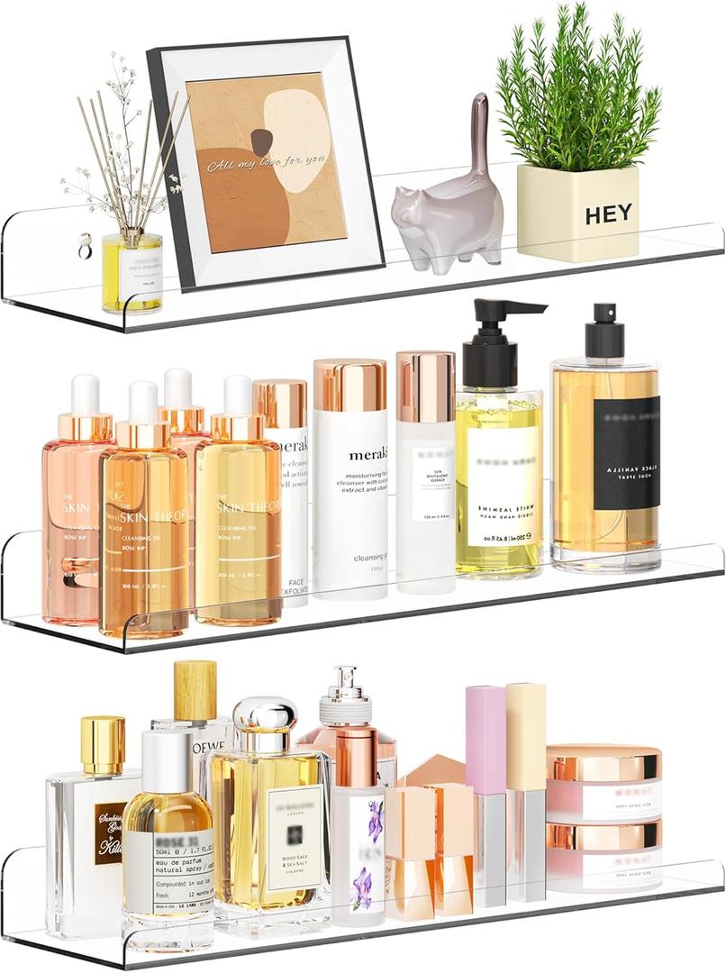 3Pack Floating Shelves for Wall, 15" Clear Book Shelf, Acrylic Floating Wall Shelf, Display Shelves Organizer for Bathroom, Classroom, Bedroom, Living Room, Kitchen, Room Decor