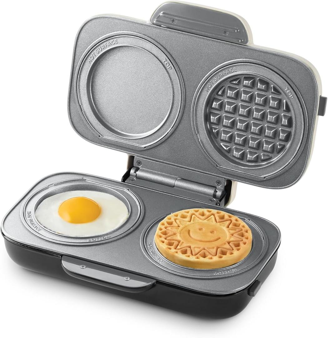 Dash MultiMaker Double Mini Maker System - Dual Ceramic Nonstick Cooking Surfaces - Built-In Cord Wrap - Makes 4-Inch Waffles - Cream, 6 Plates