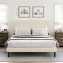 Queen Size Bed Frame with Diamond Tufted Headboard, Velvet Upholstered Platform Bed and Wooden Slat Support, Noise-Free, No Box Spring Needed, Easy Assembly, Beige