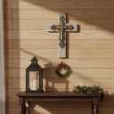 Comfy Hour 13" Decorative Layered Wall Cross, Antique Style Copper Tone Cross on Rustic Wood Look Base, Artisan Crafted Resin Plaque for Home and Office Wall Art