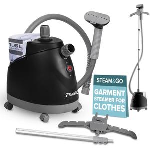 Steam & Go - The Rival Handheld Steamer - Upright Fabric Steamer for Clothes, Garments, Curtains, Bedding & Upholstery - Quick-Heating Foldable Steam Iron with Adjustable Pole Hanger & Detachable Tank (Black)