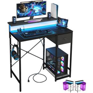 X-cosrack 33.5" Small Gaming Desk with LED Lights & Long Monitor Stand, Compact Computer Desk with Power Outlets & CPU Stand, Gamer Table with Storage Drawer for Home Office, Bedroom Corner, Black