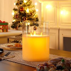 JHY DESIGN 3-Wick Glass Flameless Candles 8''High Battery Operated Dancing Flame Flickering LED Pillar Candles with 6-Hour Timer Feature Real Wax Moving Wick Candle for Home Wedding Party Festival (Large)