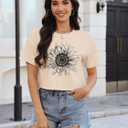 Binshre Womens Short Sleeve Crops Tops Summer Graphic Tees Crew Neck Cropped T Shirts Casual Loose Fit Blouse (X-Large, Beige-sunflower)