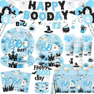 Blue Halloween Birthday Decorations,198pcs Ghost Party Decorations Tableware Happy Boo Day Plates Napkins Cups Tablecloth Banner Swirls,Topper,Balloon for boy Halloween Party Decorations,Serve 24