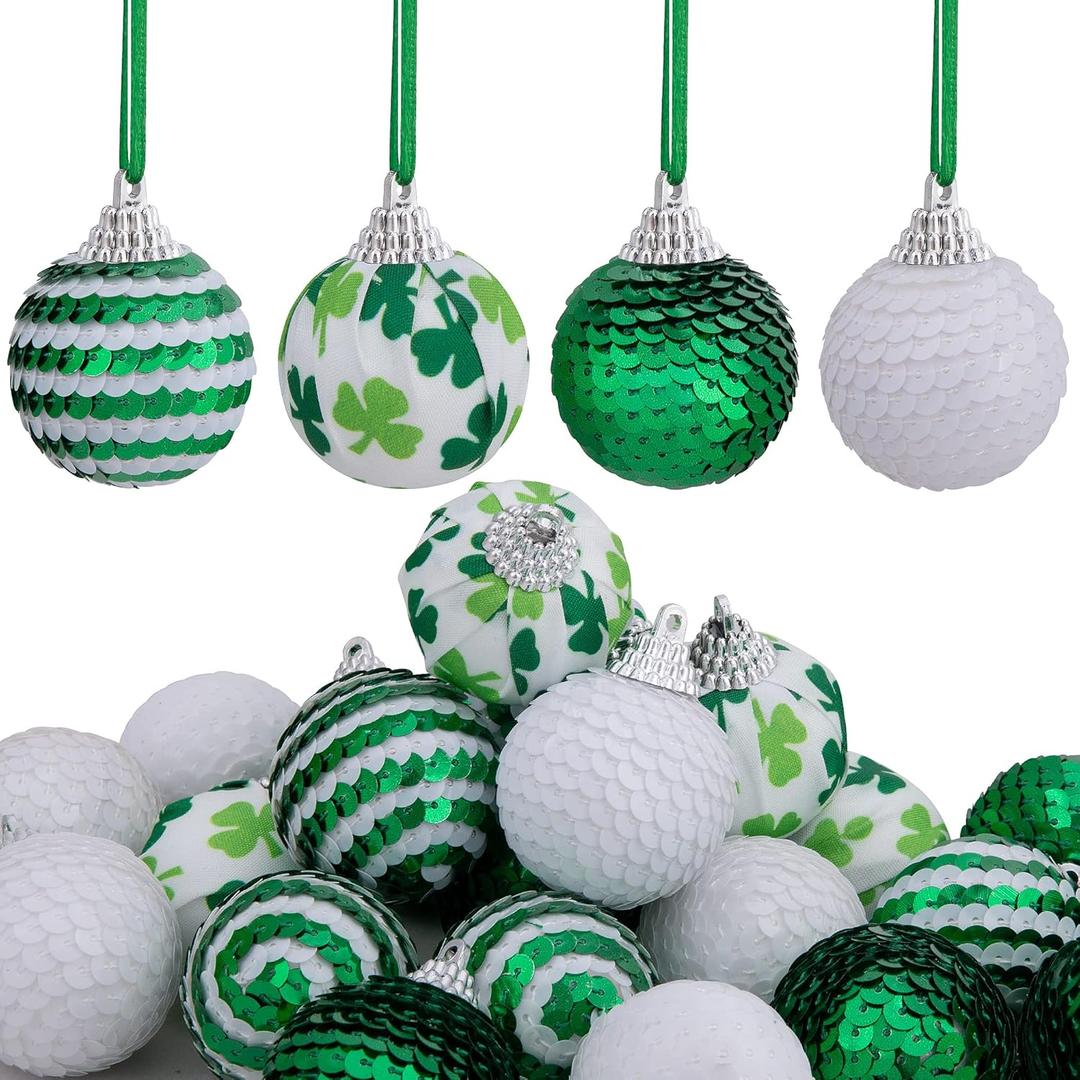 Deloky 24 PCS St.Patrick Day Sequin Ball Ornament- 1.6 Inch Green Shamrock Hanging Ball Ornament- Good Luck Clover Ball for Tree St.Patrick's Day Irish Festival Party Decoration