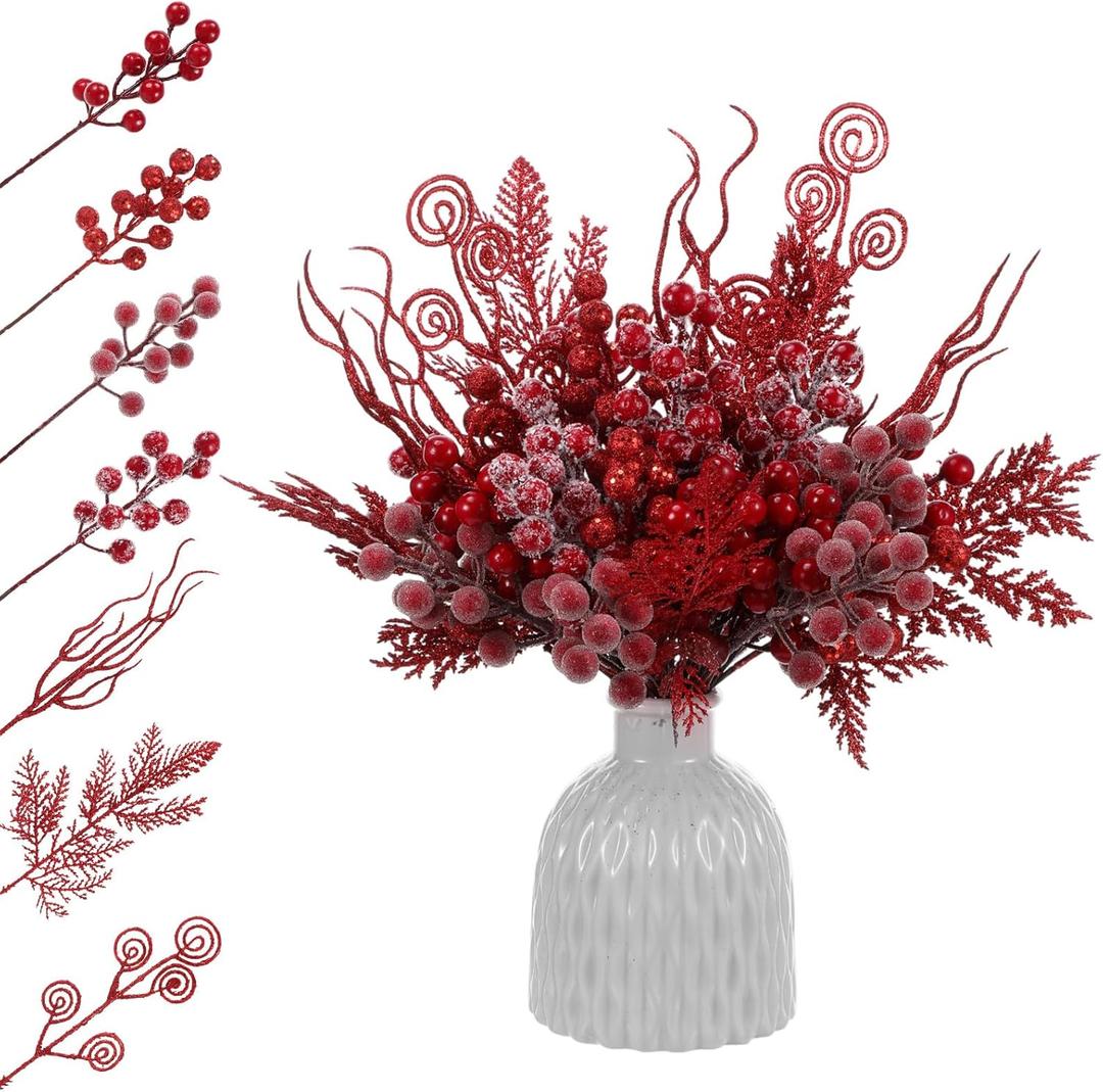 Syhood 80 Pcs Red Valentine's Day Artificial Berry Picks and Pine Branches Stems Set, 7 Style Glitter Snowy Holly Berry and Branches for Wedding DIY Wreath Garland Party Winter Decor