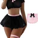 Sexy Stockings Mini Skirt Mesh Sheer Lace Halloween Costume Maid Outfit Lingerie with Thong Set 4 Piece (XL)