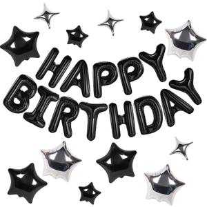 CANREVEL Happy Birthday Banner 13pcs 16 Inch Mylar Foil Letters with 12pcs Star Balloons Birthday Party Decorations for Kids and Adults - 3D Black (Black Set)