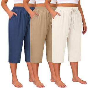 Huukeay 3 Pack Women's Plus Size Capris, Drawstring Cotton Yoga Capri Sweatpants Summer Casual Loose Cropped Pant with Pocket (XX-Large, Blue, Khaki, Cream)