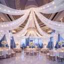 6 Panels White Ceiling Curtains with Lights for Weddings - 5ftx30ft Wrinkle-Free Tulle Fabric Wedding Arch Draping Ceiling Drapes Decorations for Wedding Party Ceremony Stage Tent Event, 60"W x 360"L