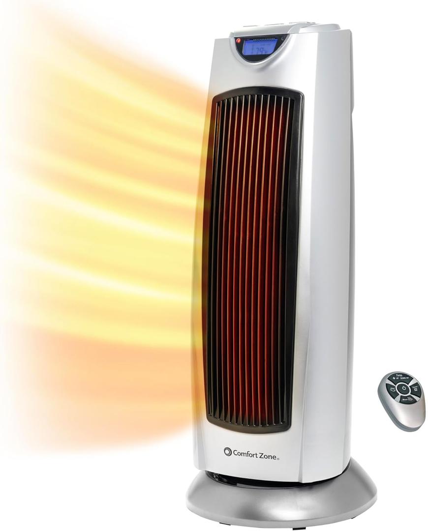 Comfort Zone 1500W Oscillating Ceramic Tower Space Heater  Portable Electric Heater, Digital Display, Remote Control, 80 Oscillation & 12H Timer  Tip-Over & Overheat Protection for Home & Bedroom