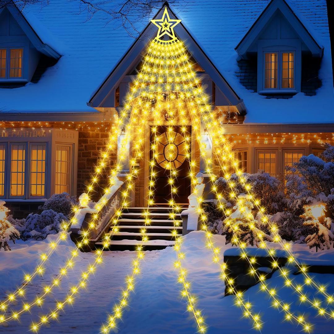 Decorations Star String Light, 350 LED 12.6ft Outdoor Light with Topper Star, 8 Lighting Modes & Timer Waterproof Fairy Twinkle Light for New Year Party Holiday