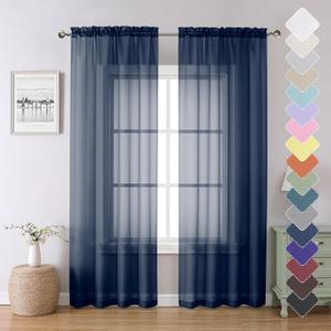 Lecloud Navy Blue Sheer Curtains 84 Inches Long 2 Panels Set, Solid Voile Light Filtering Airy Drapes for Living Room, Elegant Bedroom Decor Window Treatments with Rod Pockets, 40" W x 84" L