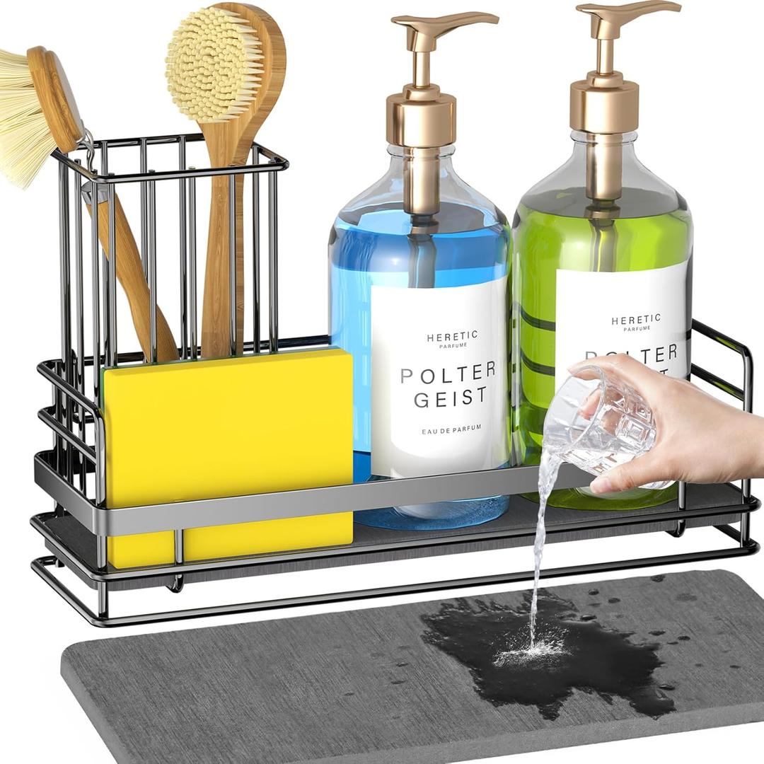 Yofidra Sink Caddy With Stone Drying Tray: Stainless Steel Soap Dispenser Kitchen Sink Organizer Set, Sponge Holder Counter Accessories Decor for Kitchen Organizers and Storage 8.1x3.5x4.5 in Black (Small)