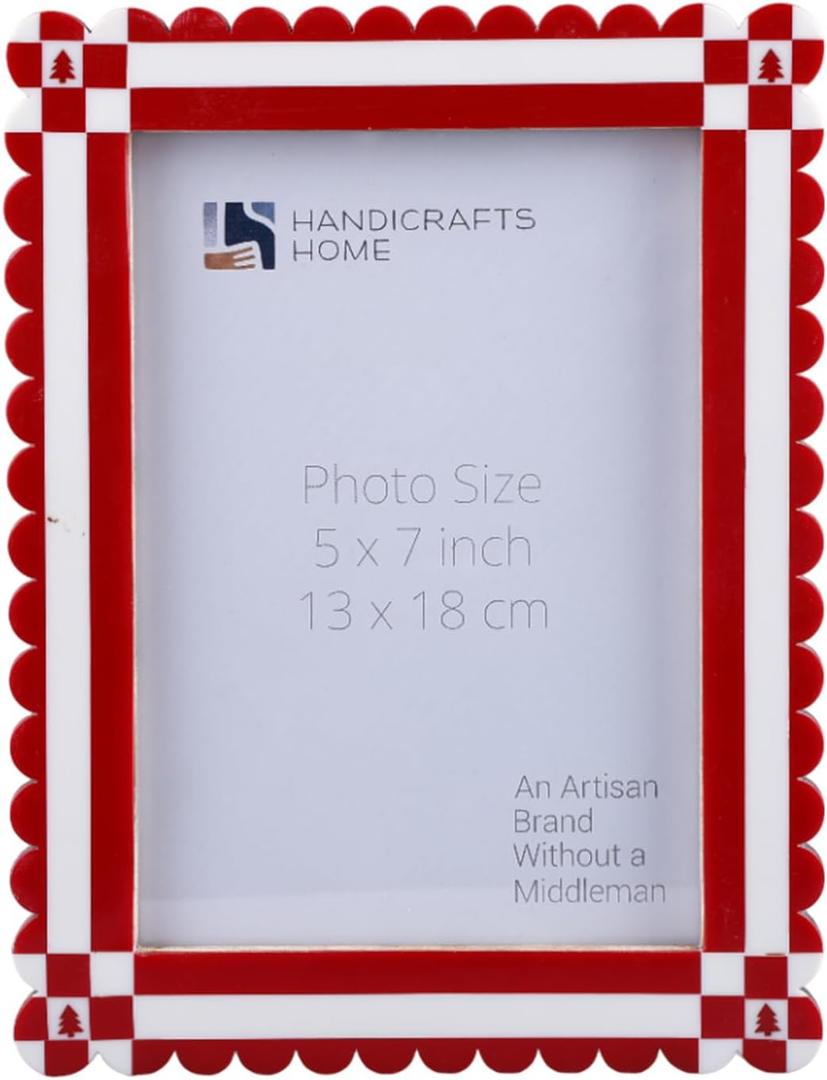 Handicrafts Home 5x7 Picture Frame Colorful Decorative Frames for Wall & Tabletop, Red Frame, Scalloped Edge, Perfect for Christmas Gift Photo Frames, Fun & Cute Photo Frames for Family Photos (CHALET-RUSCH- Red White)
