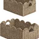 StorageWorks Scalloped Edge Wicker Basket, Hand-woven Rattan Baskets with Built-in Handles, Seagrass Basket for Organizing and Decor, 2 Pack (15" L x 11" W x 7" H, Natural(Seagrass))