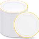 WELLIFE 144Pcs Gold Dessert Plates, 7.5 Inch Plastic Appetizer Plates, White Plates with Gold Rim Heavy Duty Plastic Party Plates, White and Gold Plastic Plates for Party and Wedding
