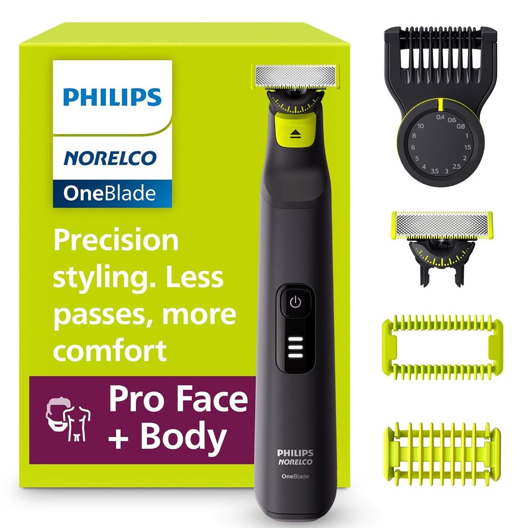Philips Norelco OneBlade Pro 360 Face + Body, Electric Shaver, Beard Trimmer and Body Groomer, with 360 Blade Technology, 14-Length Precision Comb, Body Kit, Soft Pouch, Model QP6542/70 (Black/Lime Green)