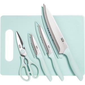 Tasty 5-Piece Cutlery & Cutting Board Set, High-Carbon Stainless Steel Knives with Soft Grip Handles, Reversible Cutting Board for Chopping & Serving, Aqua