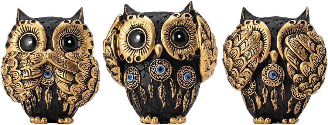 Decorative See No Evil Hear No Evil Speak No Evil Owl Figurines, Set of 3, Vintage Black Decor With Evil Eye, 3 Wise Owl Statue for Bookshelf, Living Room, Office & Table.Boho Gifts for Women (Black)