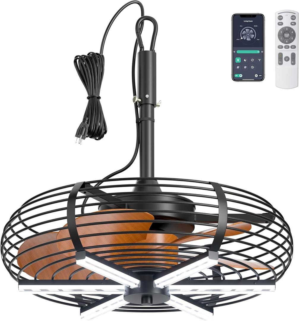 Coolbull 20'' Outdoor Ceiling Fan with Light, Wet Rated Gazebo Fan, Plug in Ceiling Fan, Hanging with Hook, Remote&APP, 6 Speeds, with Wood Blades
