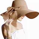 Lanzom Womens 5.7 Inches Big Bowknot Straw Hat Large Floppy Foldable Roll up Beach Cap Sun Hat UPF 50+ (One Size, Khaki)